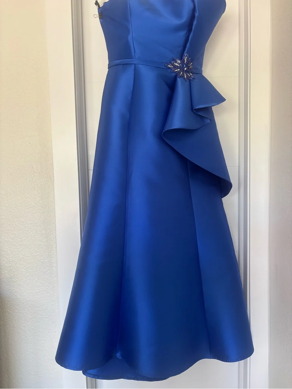 Rene Ruiz Strapless Cobalt Blue Satin A-Line Dress with Side Cascade